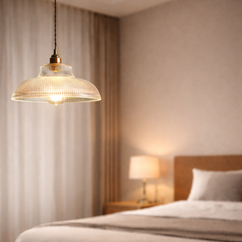 Pendelleuchte im Retro-Stil aus geriffeltem Glas