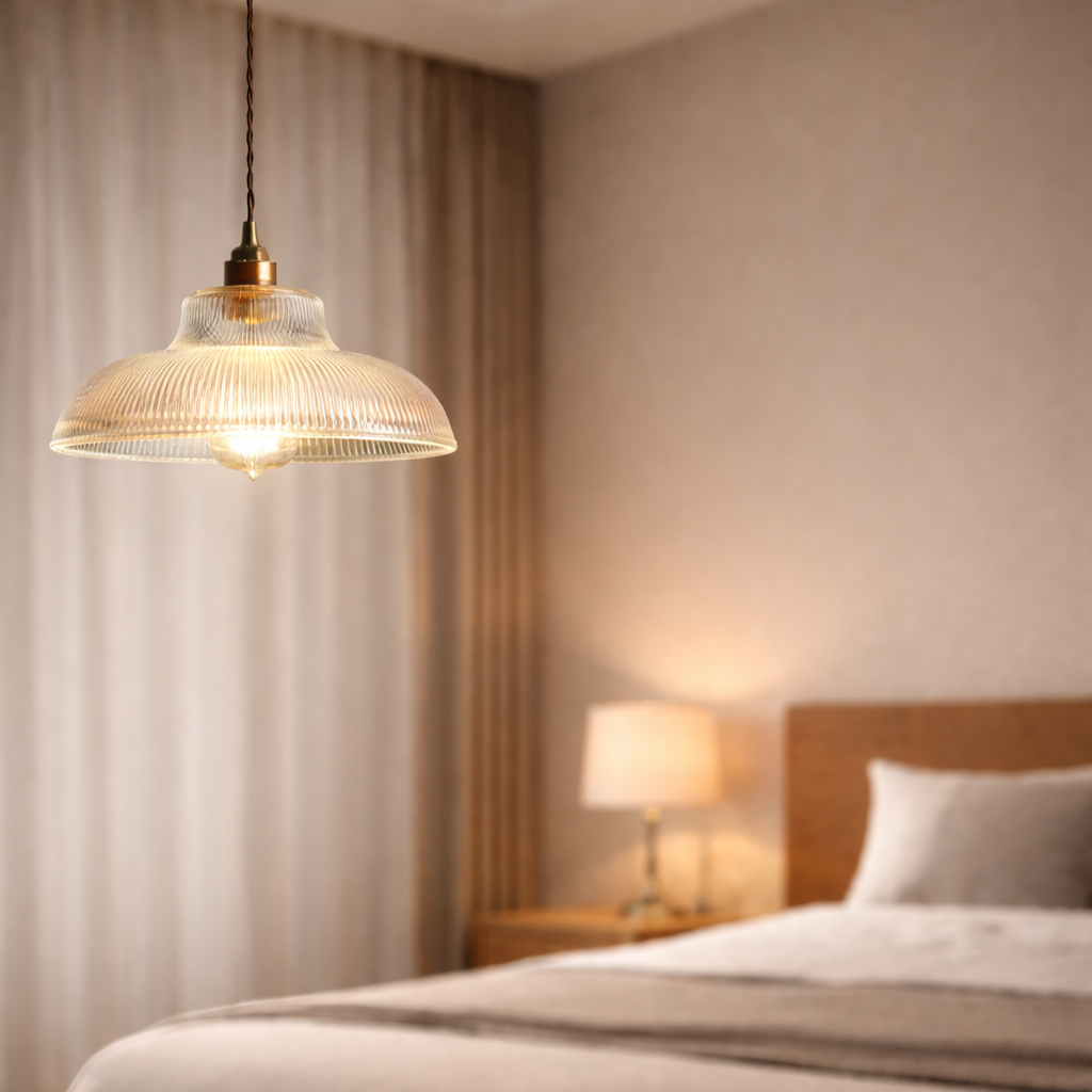 Pendelleuchte im Retro-Stil aus geriffeltem Glas